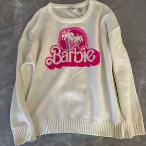 Barbie White Crewneck Sweater with Pink Logo Graphic